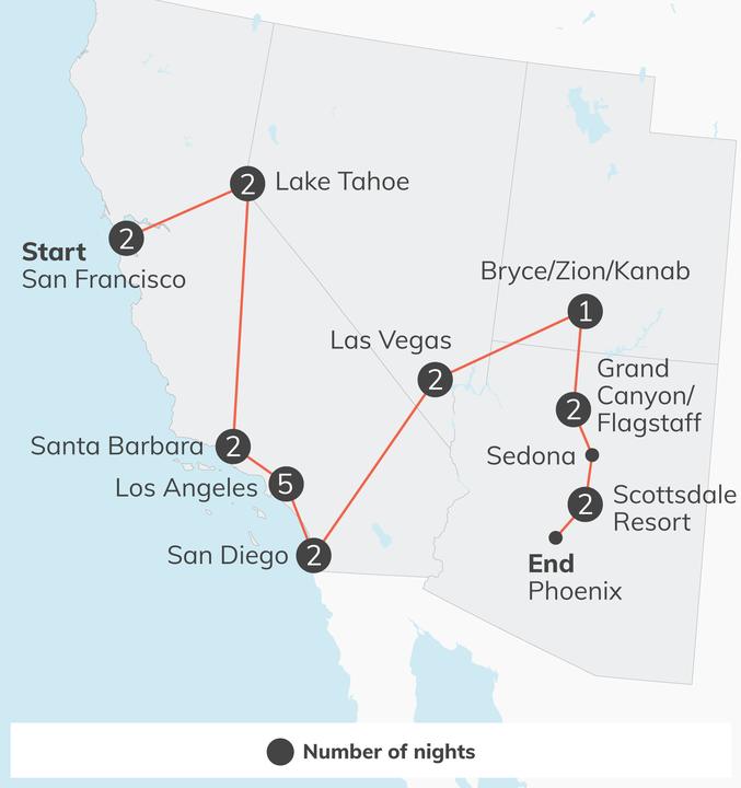 Route map of the California & the Canyons trip, with the number of nights at each stop