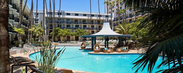 Palm-fringed pool at a hotel in Los Angeles