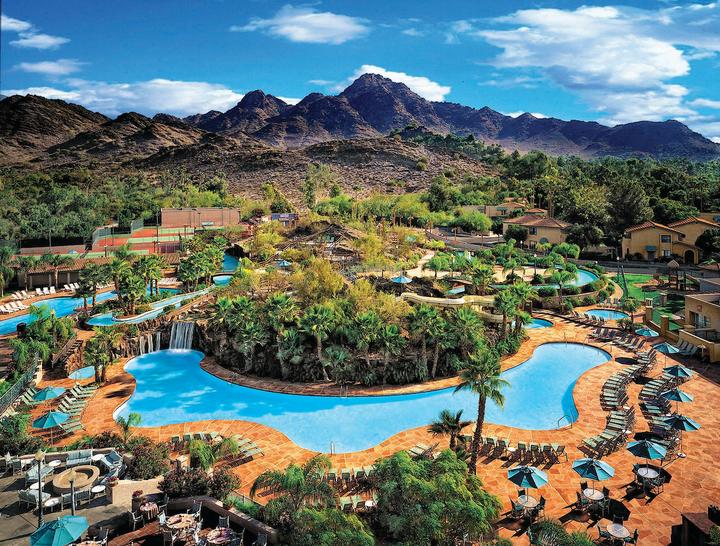 Resort pools below the mountains in Scottsdale, Arizona