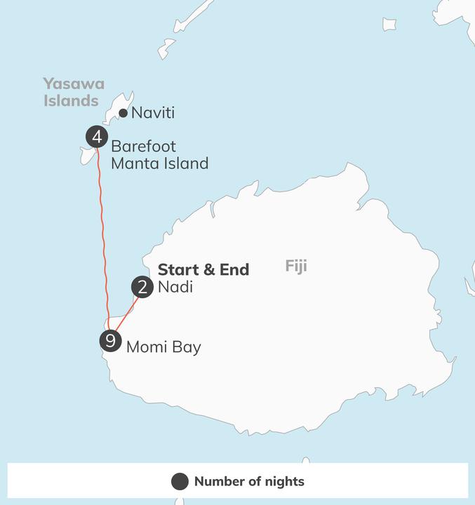 Route map of the Fiji Service & Adventure trip, with the number of nights at each stop