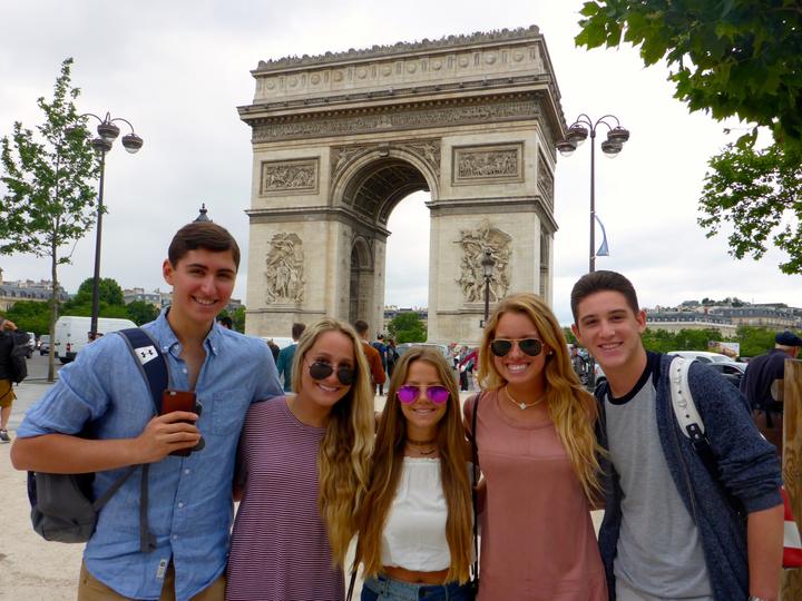 Five teens in front of the Arc de Triomphe in Paris