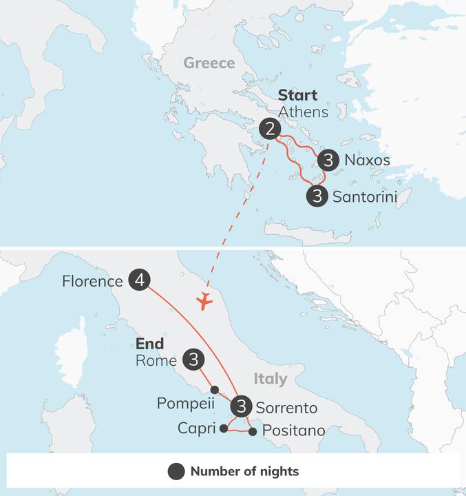 Route map of the Greek Islands & Italy trip, with the number of nights at each stop