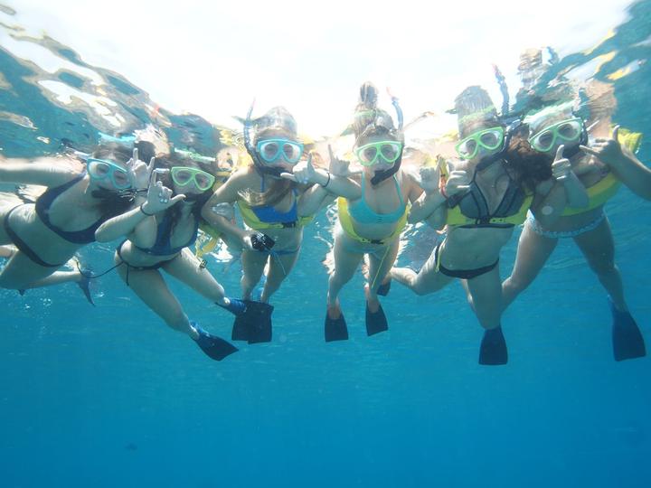 Snorkellers diving down together underwater