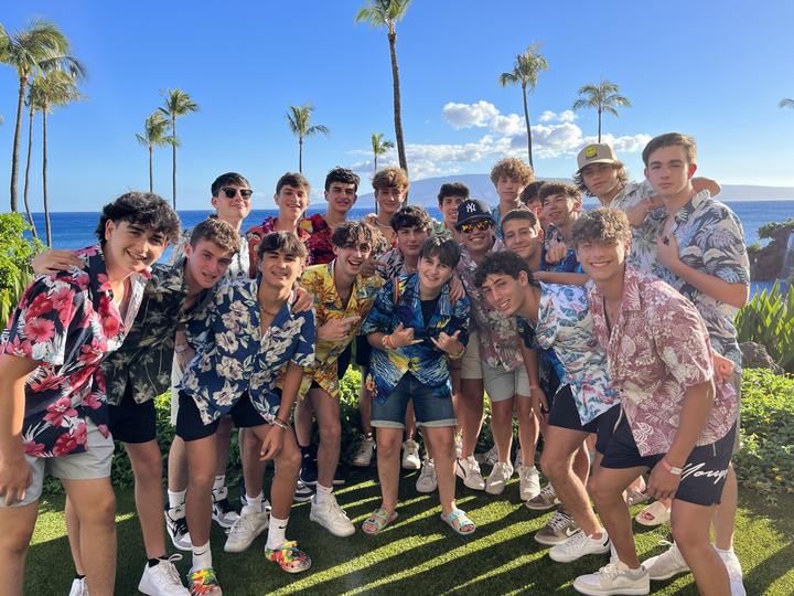 Boys in matching Hawaiian shirts
