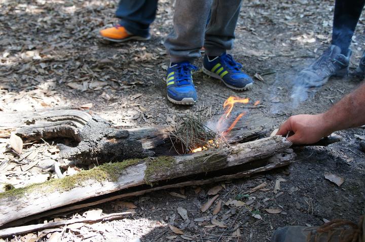 Lighting a fire with sparks and dry moss during a bushcraft session
