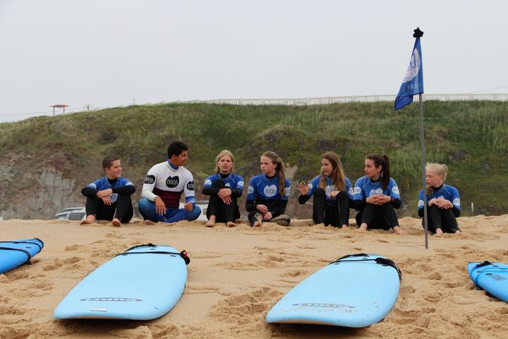 Surf group sitting on the beach behind their boards before a lesson