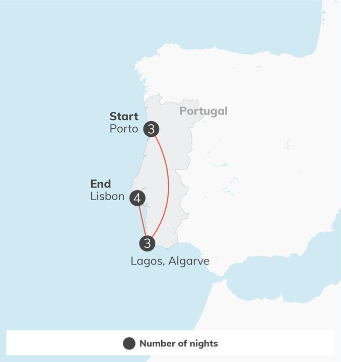 Route map of the Portugal trip, with the number of nights at each stop