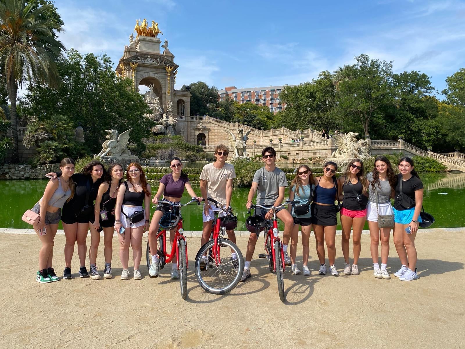 The group with bikes at the Parc de la Ciutadella fountain in Barcelona