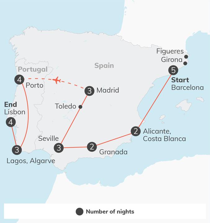 Route map of the Spain & Portugal trip, with the number of nights at each stop