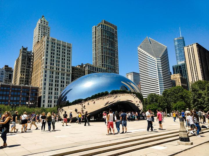The Bean sculpture in Chicago's Millennium Park, with the skyline behind