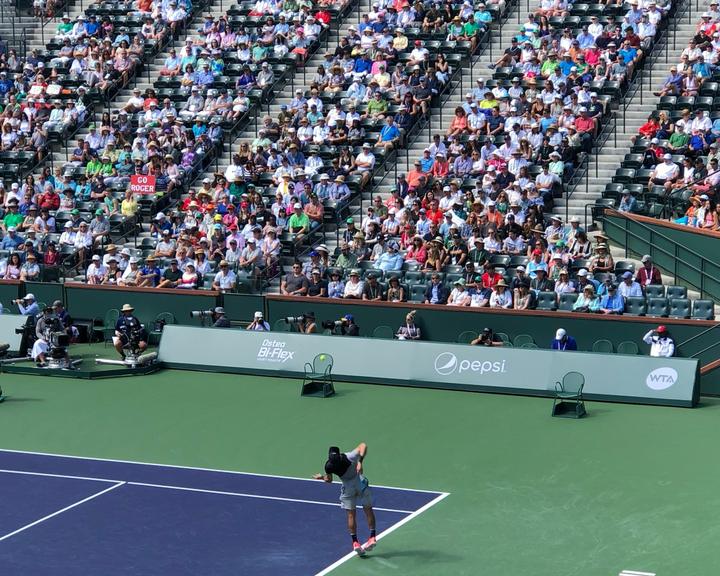 A professional tennis match in front of a packed stand