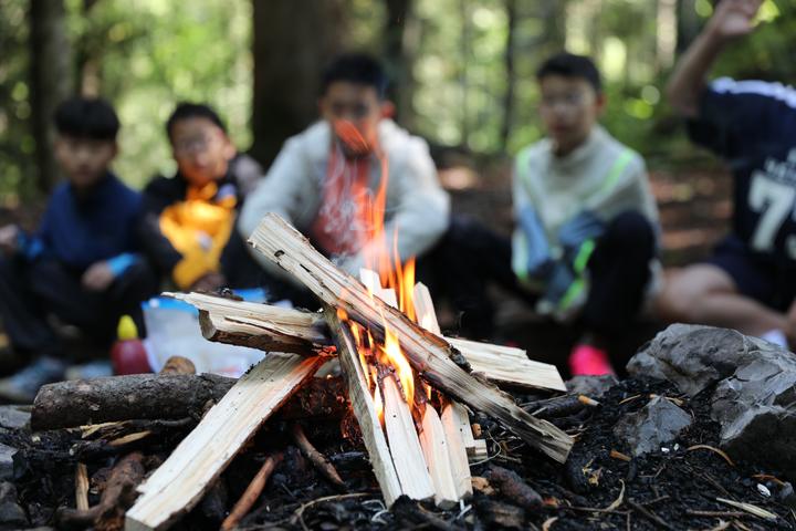 Campers gathered round a campfire in the forest