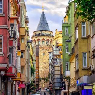 A colourful Istanbul street leading up to the Galata Tower