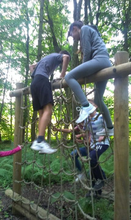 Students climbing a rope net in the woods