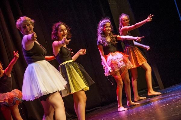 Girls in tutus performing in a dance show on stage