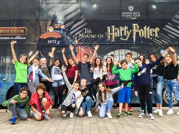 A group of students at the Harry Potter studio tour, an optional extra trip