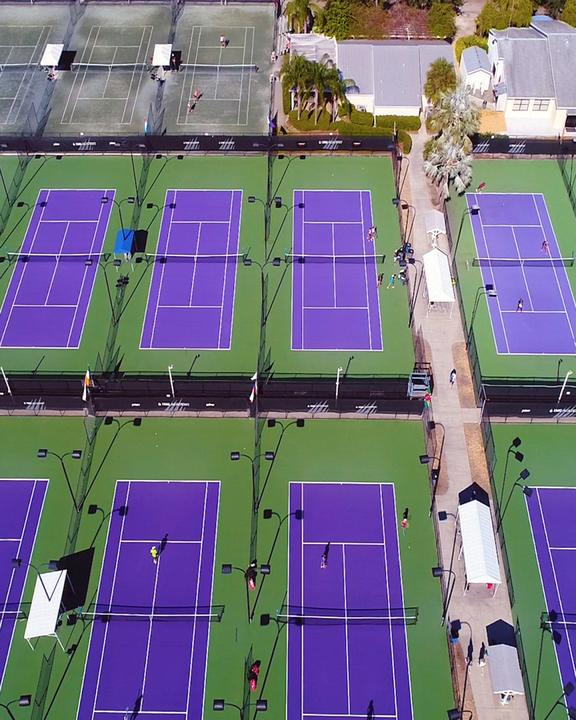 Aerial view of rows of outdoor tennis courts