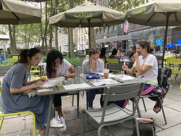 English class at a table in Bryant Park